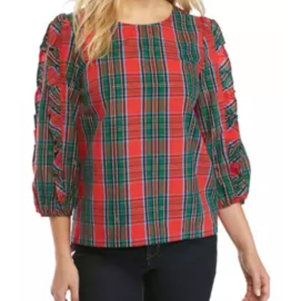 Crown and Ivy Plaid Ruffle Sleeve Top, Size L